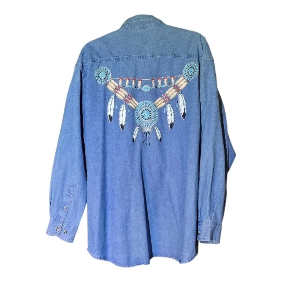 UNISEX Blue Embroidered Casual Shirt - Picture 1 of 5